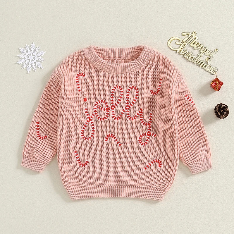 Newborn Baby Girls Boys Christmas Sweater Letter Cane Embroidery Warm Knit Long Sleeve Pullover Tops Toddler Infant Knitwear image 4