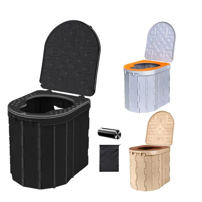 Folding Camp Toilet Travel Toilet Seat with Lid Portable Potty Car Toilet with 15 Trash Bags and Storage Bag Camping Bathroom