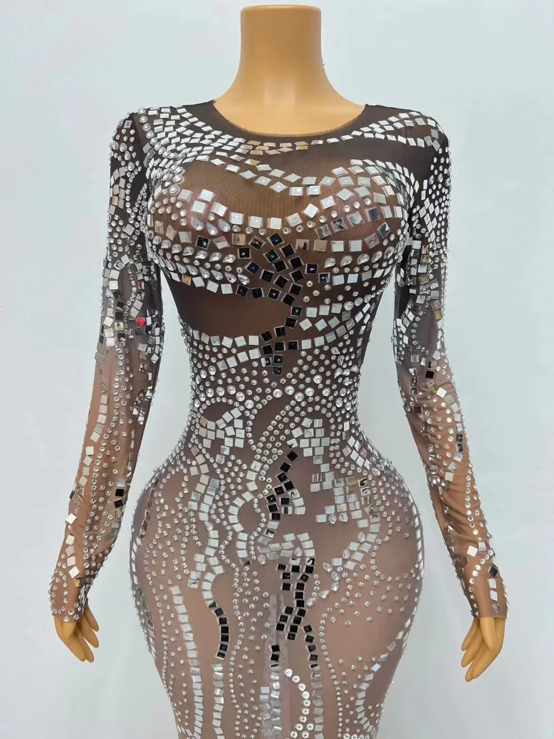 Maßge schneiderte Mesh Spitze Perle transparent hochela tisch lang ärmel ige Pailletten sexy enge Party kleid Bühne Performance-Kleid