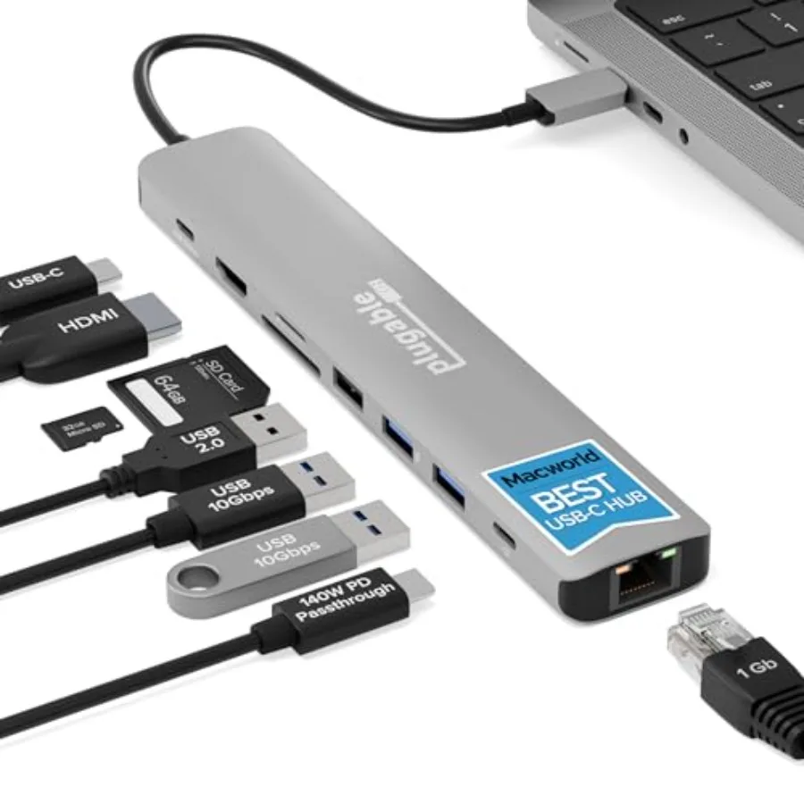

Многопортовый USB-C хаб-адаптер 9-в-1 с зарядкой PD 140 Вт, HDMI 4K 60 Гц, передачей данных 10 Гбит/с, Gigabit Ethernet, SD для USB
