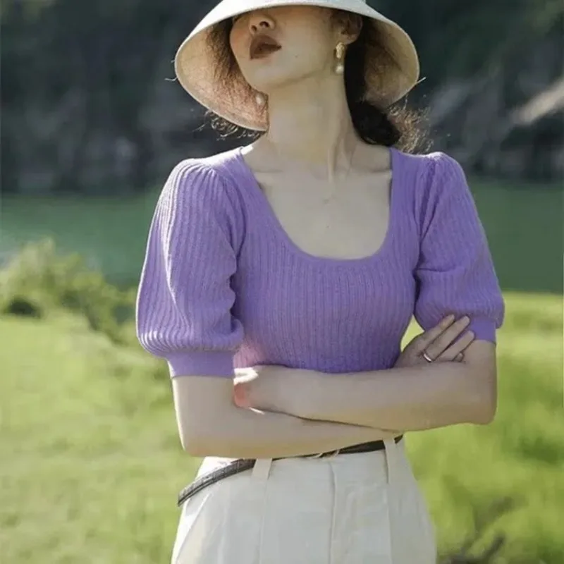 

Women's V-Neck Cap Sleeve Knit Top Slim Fit Solid Color Casual Basic T-Shirt