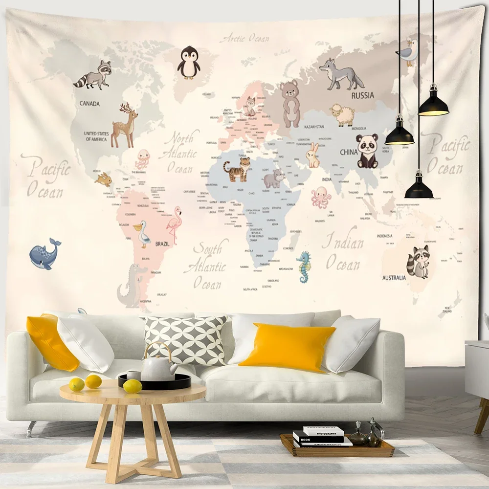 Cartoon Animals Distribution Map Tapestry Wall Hanging Simple Style Cute Hippie Children Kawaii Room Home Decor