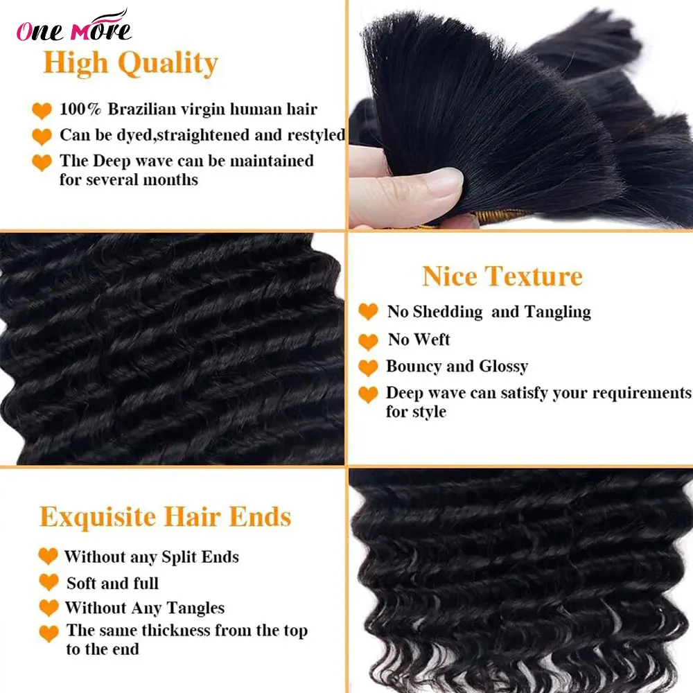 One More Human Braiding Hair for Boho Braids Bulk Human Braiding Hair for Box Braids Hair No Weft Deep Wave Human Hair Extension