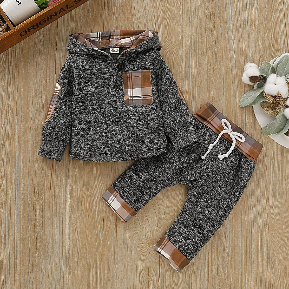 2PCS Baby Boys Clothing Casual Cute Stitching Hooded Sweatshirt & Pants Set With Plaid Pattern Autumn And Spring For Toddler Boy