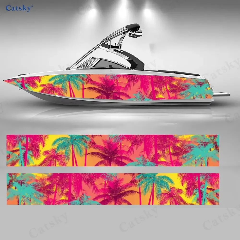 Cyber Palm Grove Contrast Color Boat Stickers, PVC Waterproof Vinyl Wrap Decals for Fishing Boats, Durable and Stylish Design