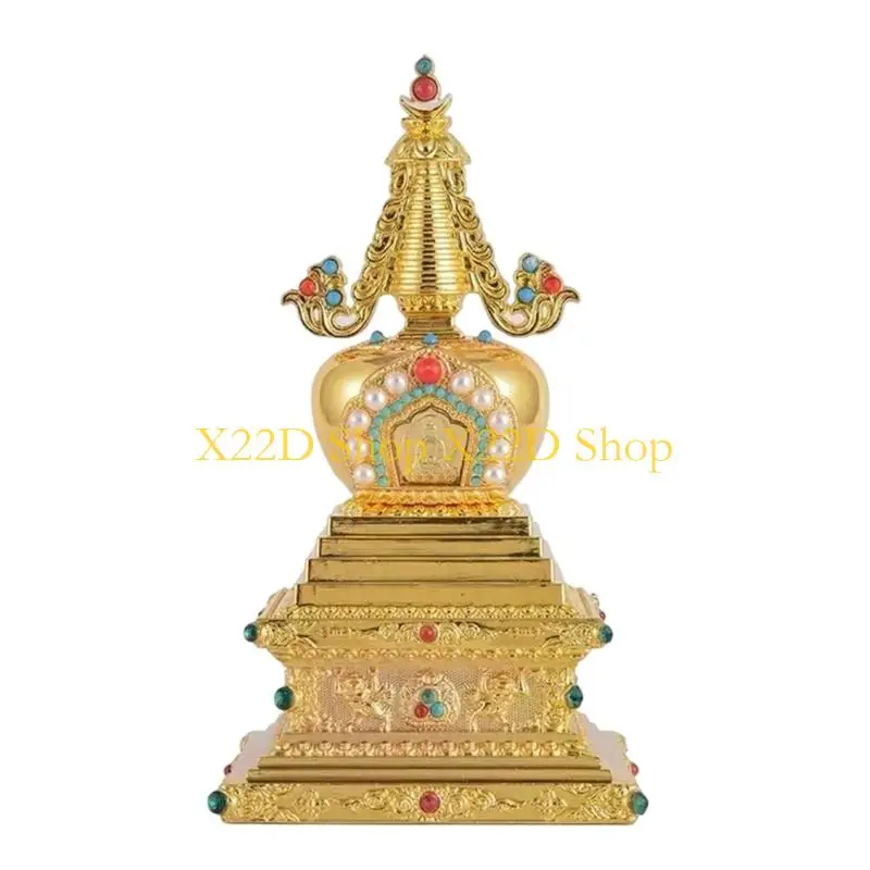 X22D Alloy Metal Bodhi Tower Tibetan Stupa with Buddhas Statues Engraving Handicraft,Buddhism Collections,Desktop Decorations