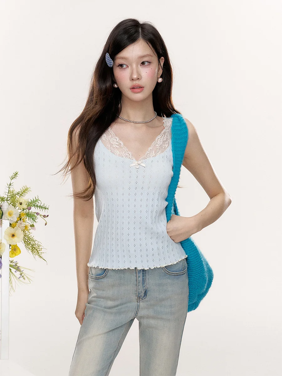 

Женский облегающий топ Ele ort с V-образным вырезом, кружевной отделкой и завязками на бретелях для молодых женщин на весну