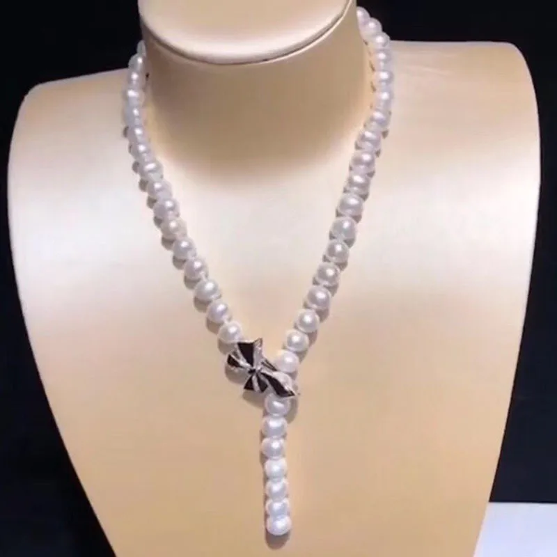 

Freshwater Pearl Necklace 9-10mm Bowknot Near Round Simple Fashion Personality Internet Celebrity Same Style Jewelry 115