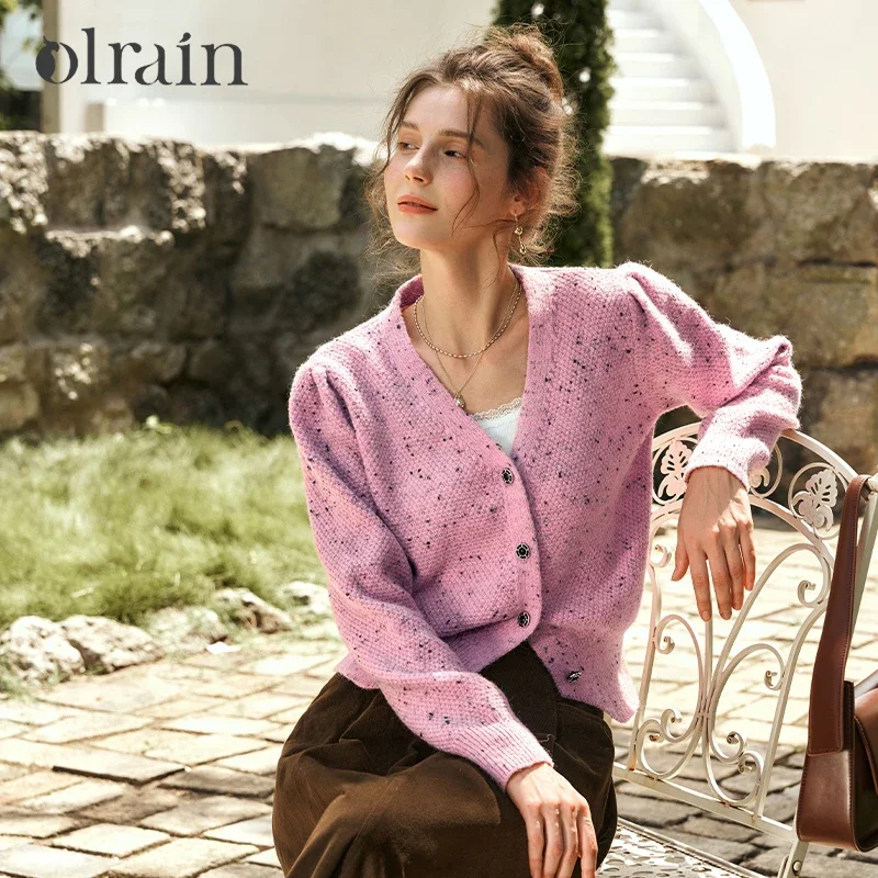 OLrain  Knitted Cardigan for Women 2025 Autumn Spliced V Neck Puff Sleeve Chic Single Button Ladies Sweaters E56QM93966