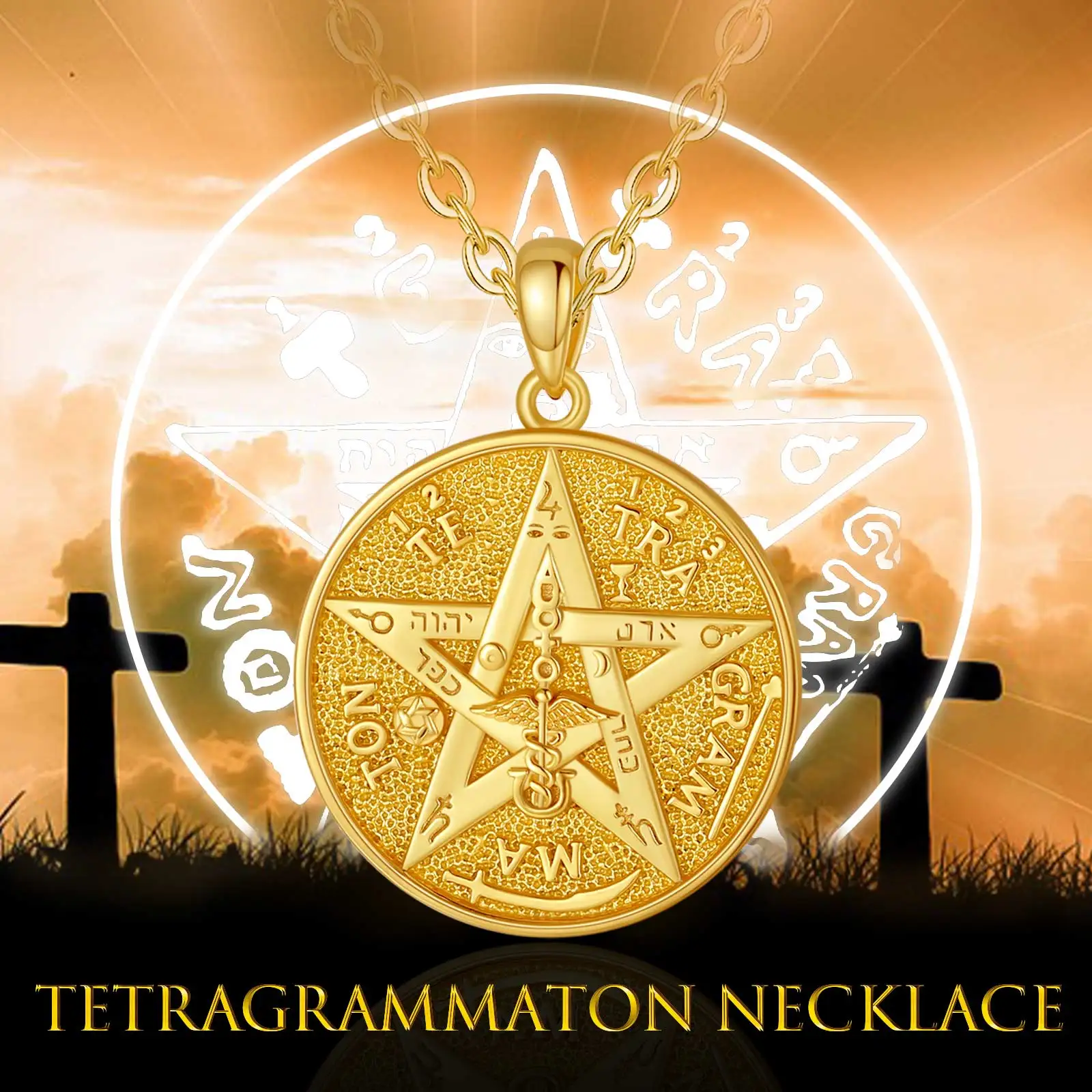 Eudora 925 Sterling Silver Pentagram Runes Necklaces for Women Man 18K Gold Amulet Guardian Star Tetragrammaton Pendant Gift