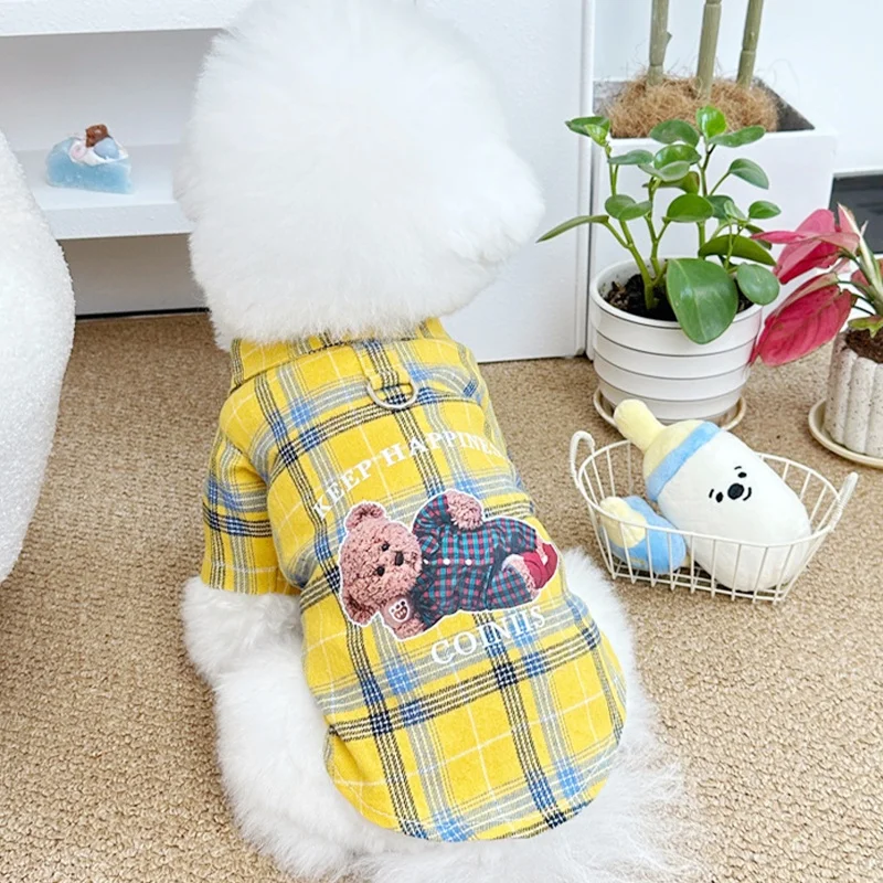 Autumn Pet Dog Clothes Classical Plaid Dog Shirt Bear Pattern Puppy Coat Cute Cat Shirt Pet Sweatshirt Chihuahua Yorkies Costume