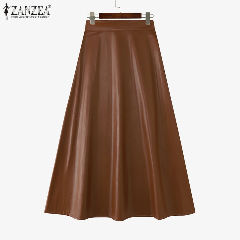 ZANZEA الخريف الشتاء أنيقة بولي Leather التنانير الجلدية النساء عالية الخصر سستة طويلة أسفل موضة عادية الصلبة ألف خط Jupes Faldas Saia