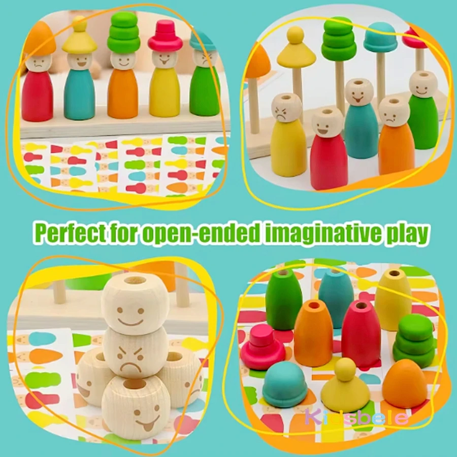 Wooden Puppet Shape Color Matching Game Montessori Learning Toy Puppet Hat Face Match Creative Stacking Desktop Toy for Toddler