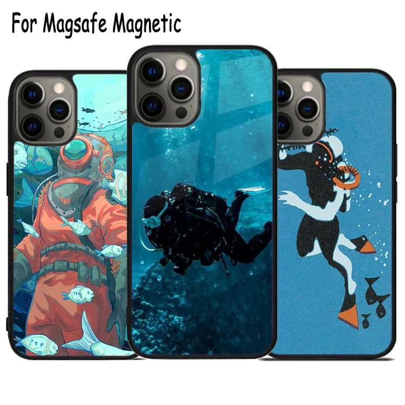 

Scuba Diving Pattern Wireless Charge Magsafe Phone Case For iPhone 15 16 14 13 11 12 Pro Max Plus Magnetic Bumper Cover