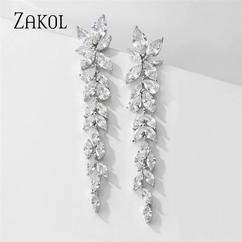 ZAKOL Luxury Marquise Cluster Shiny Leaf Shape Cubic Zirconia Long Dangle Drop Earrings for Brides Wedding Jewelry FSEP2605