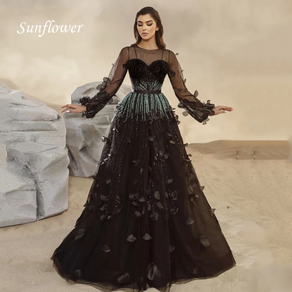 Robe de Rhen tulle à col rond avec appliques de perles noires, longueur au sol exquise, manches longues, ligne A, compromis, soirée formelle, quelque soit, tournesol