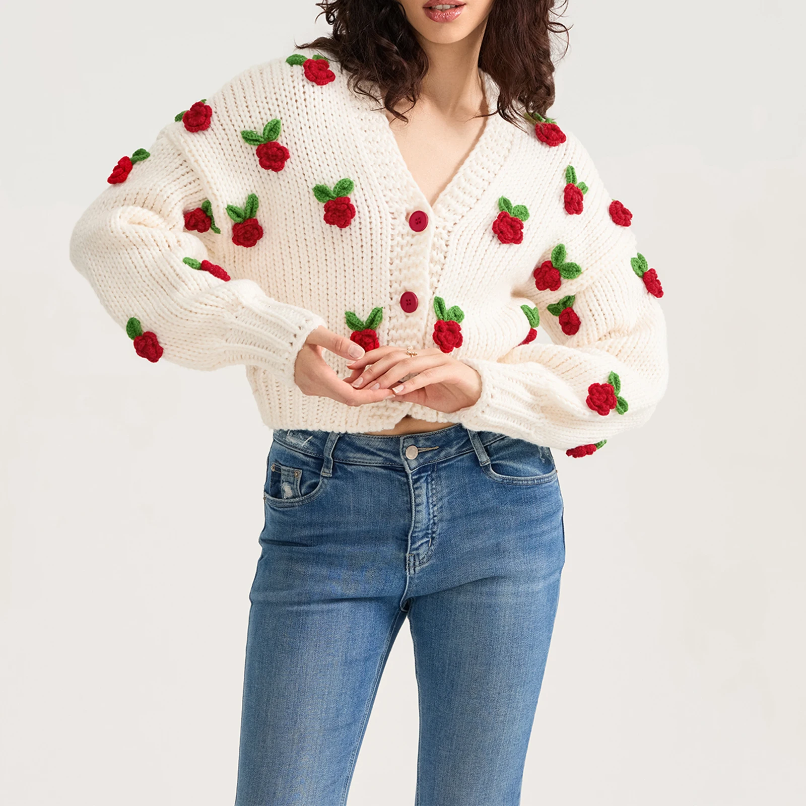 Harajuku Cropped Knitted Cardigan Women Y2K 3D Flower Sweater Coat Streetwear Oversized Knitwear Jacket Winter Jumpers Outwear