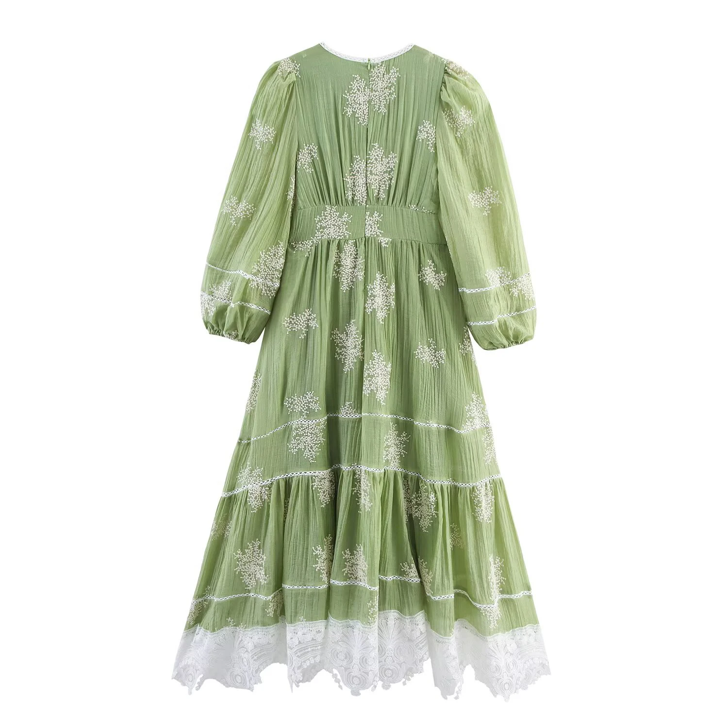 2025 outono novas roupas femininas estilo retro francês simples bordado renda emenda com decote em v cintura vestido longo