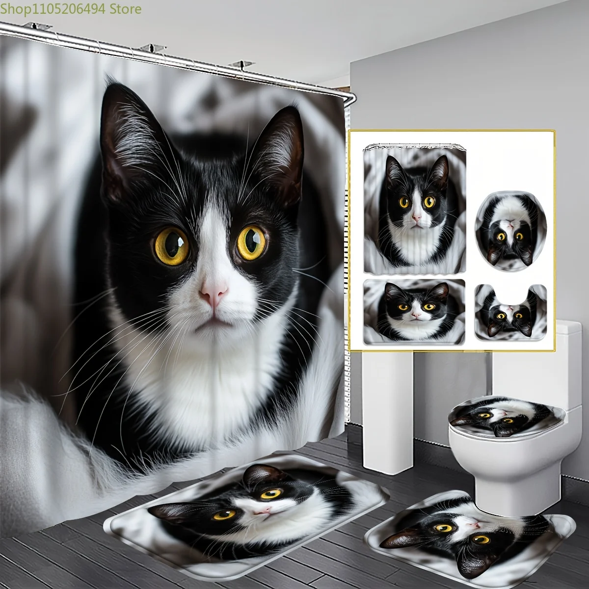 

1/3/4pcs Tuxedo Cat Shower Curtain Set with Bath Mat, U-Shaped Mat & Toilet Lid Cover - Adorable British Shorthair Bathroom De