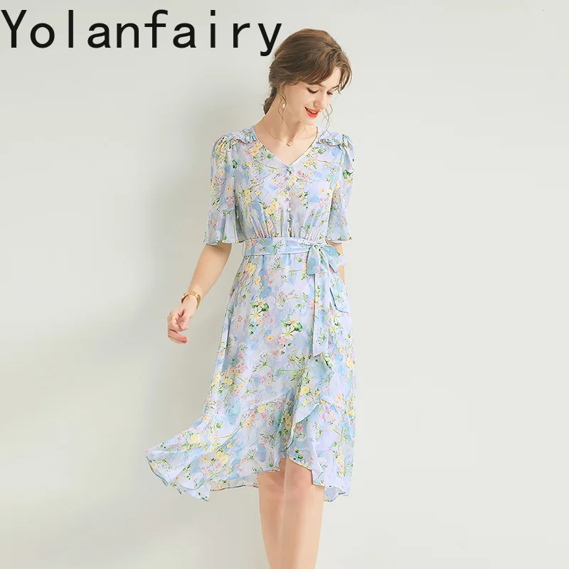 YOLANFAIRY 100% Real Mulberry Silk Dress for Woman Short Sleeve Ruffled Silk Long Dress Elegant Summer Dress Lace-up vestidos