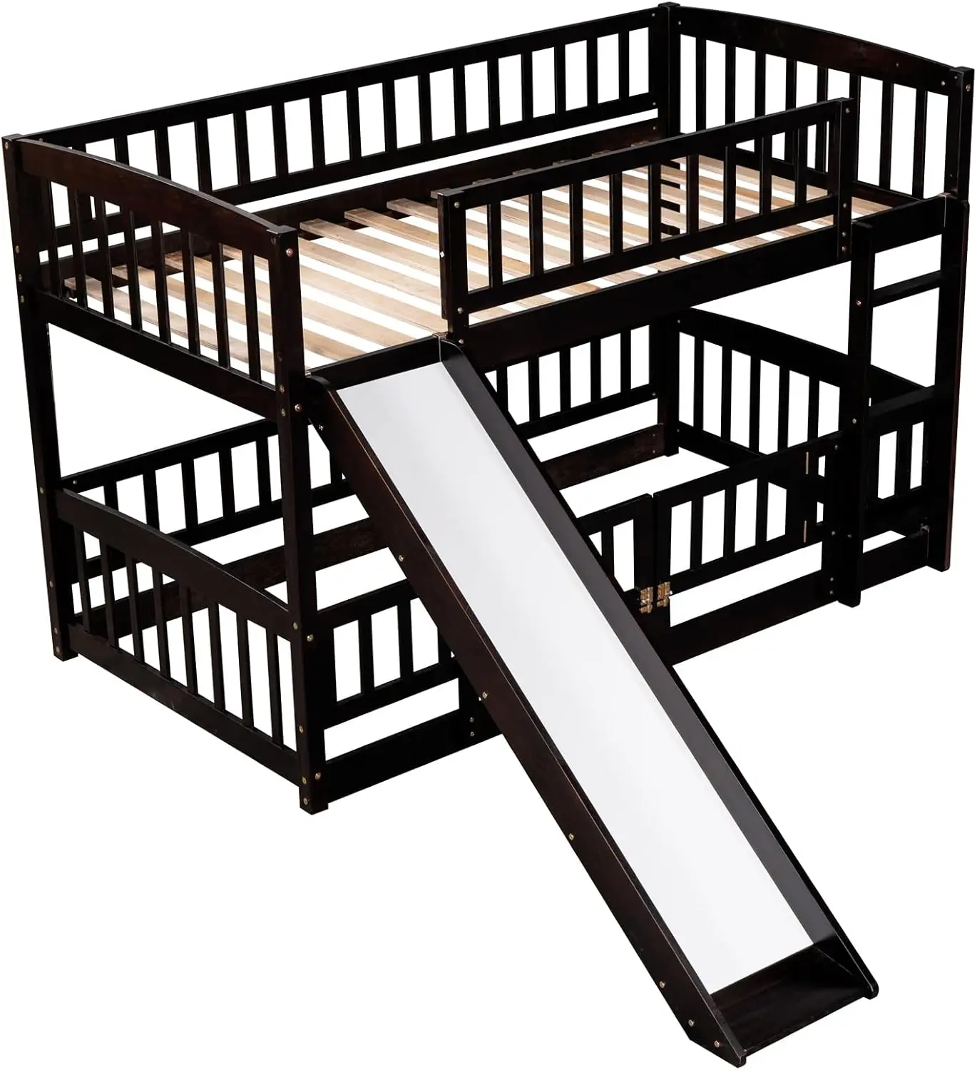 Low Bunk Bed with Slide, Twin Over Twin, Wood Frame, Espresso