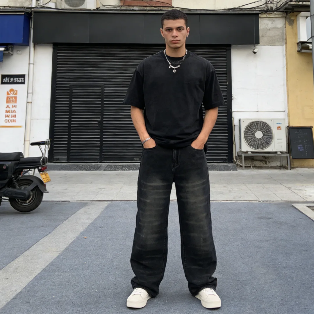 Straight leg denim washed with adhesive fabric printed jeans, loose high street casual street pants, unisex