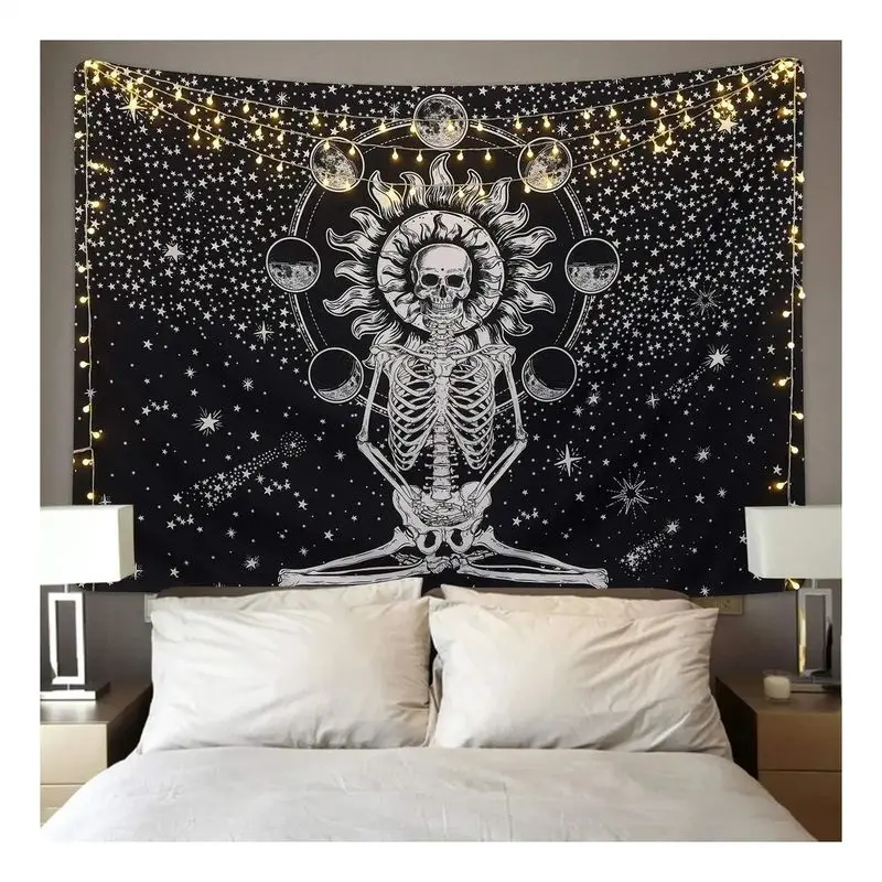 VIKAMA Celestial Skeleton Yoga Tapestry Black White Sun Moon Phase Starry Wall Hanging Mystical Dorm Bedroom Wall Art Decor
