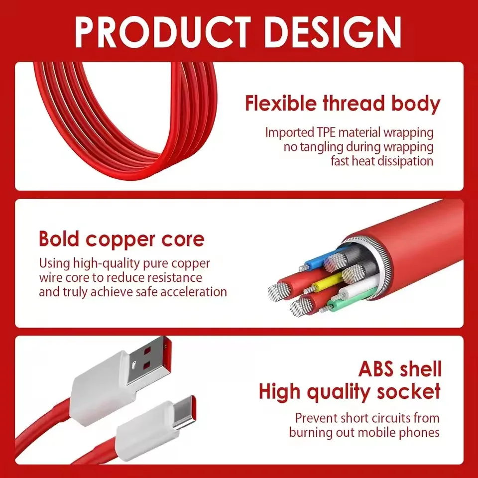 SuperVOOC 100W 80W Type C USB Fast Charging Cable For OnePlus 9 10 Pro 11 12 13 Nord 2T 3 4 5 CE 2 3 Lite N200 N300 OPPO Realme