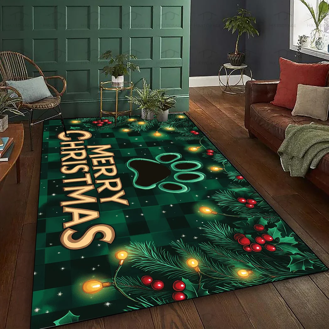 Festive Christmas Area Rug Green Plaid Slogan Light Pattern Carpet For Living Room Coffee Table Bedroom Decor Large Floor Mat