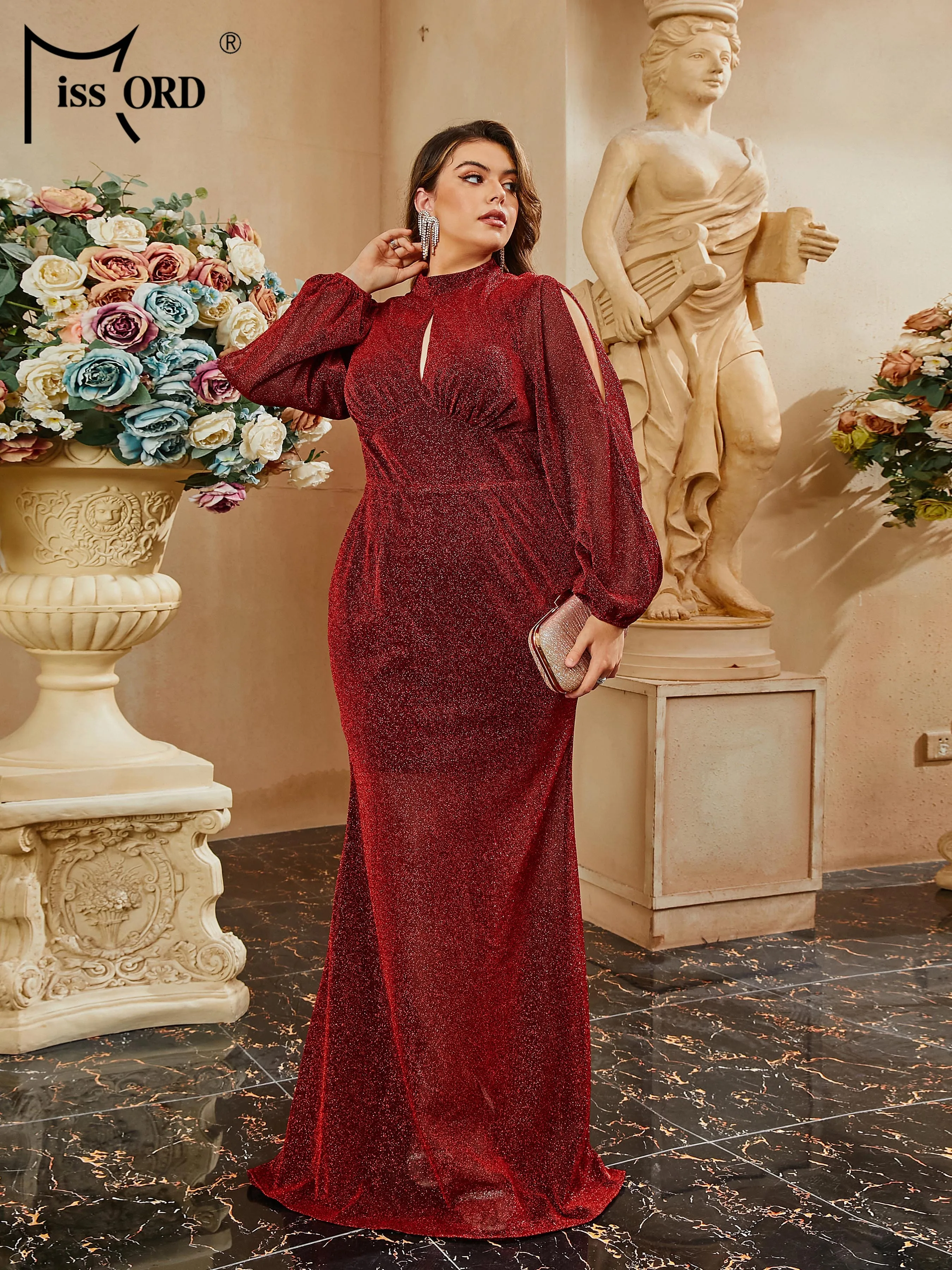 Missord-Robe de soirée sirène bordeaux, grande taille, col rond découpé, robe de Rh