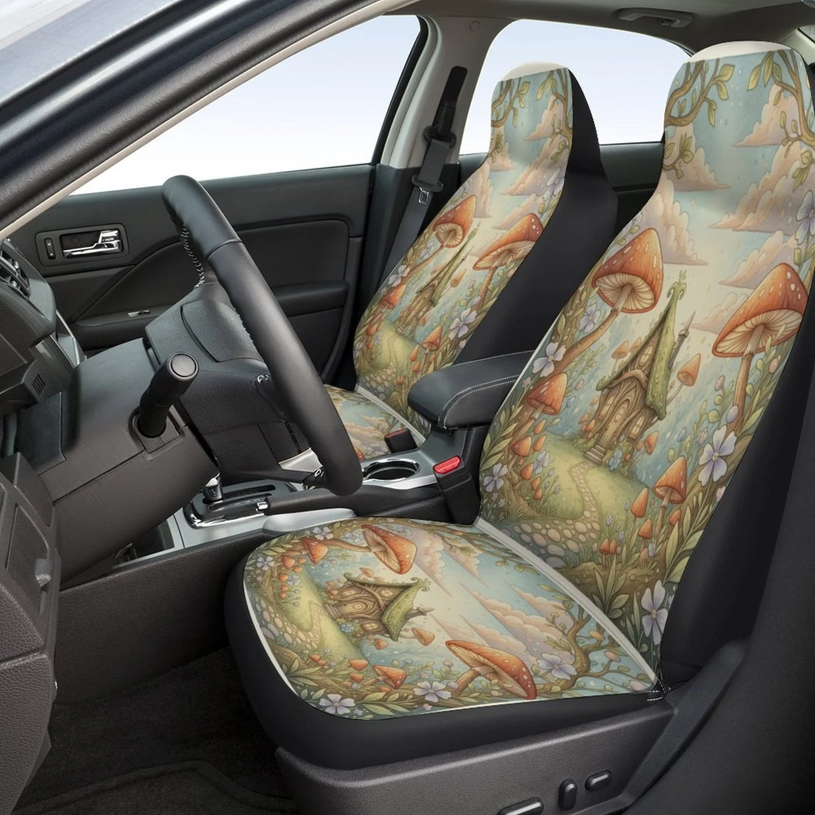 Enchanted Mushroom Grove Themed Car Seat Cover Set - Vibrant Fantasy Design With Mushrooms, Flowers, Trees & Clouds, Durable Pol