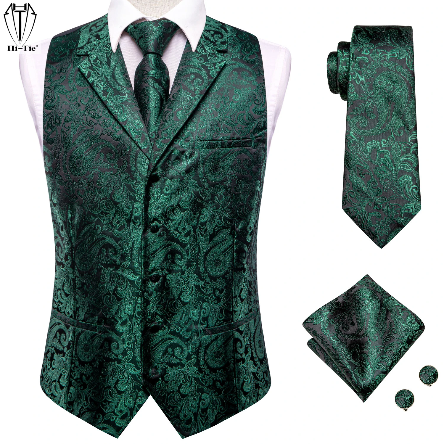 

Hi-Tie Green Paisley Silk Mens Vest Tie Hanky Cufflinks Set Half Flat Collar Jacquard Waistcoat Jacket Men Wedding Banquet XXXL