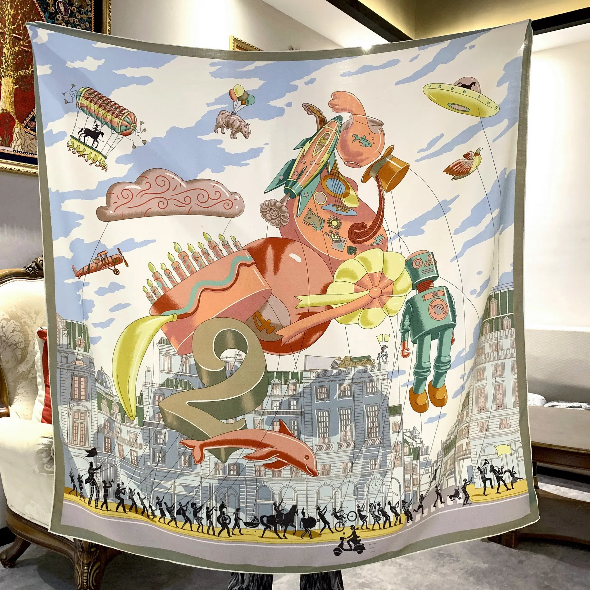 

High-end Elegant Women Exquisite Fubao Parade Double-sided Print Quality Silk and Wool Hand-rolled Edge Big Square Scarf Shawl