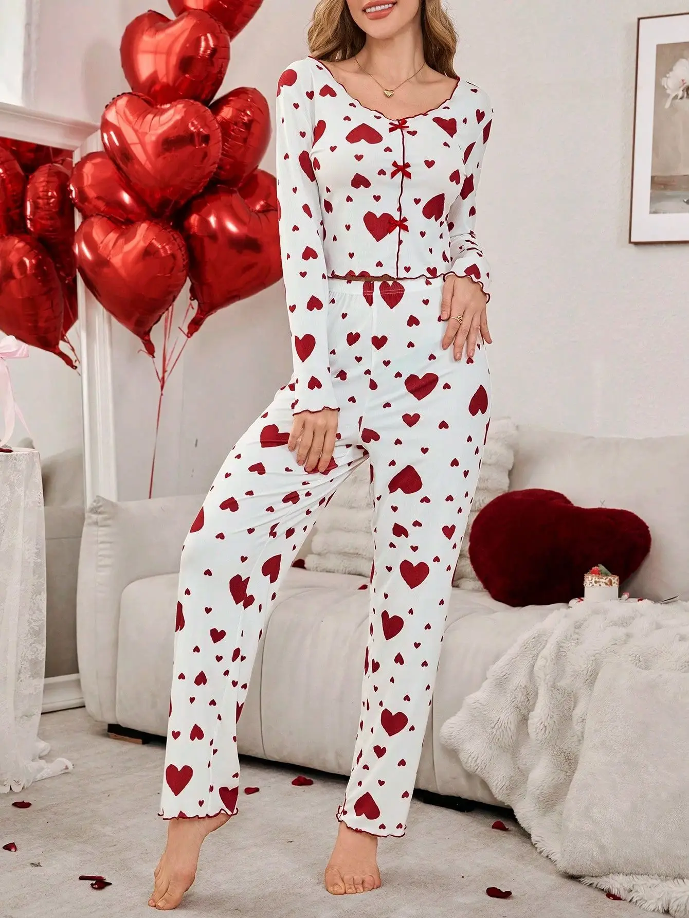 Women Autumn Winter Sleepwear Heart Print Long Sleeve Tops with Long Pants Trouser 2 Pieces Pajamas Sets Loungewear