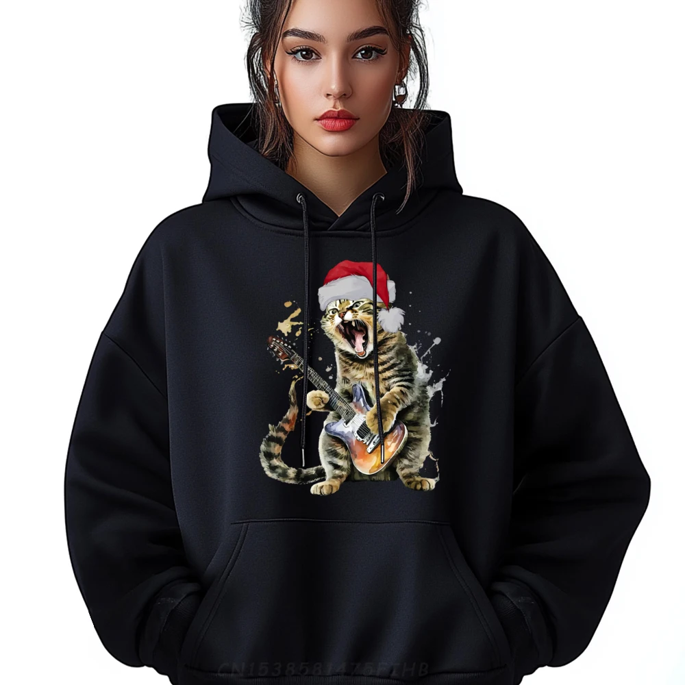 

Christmas Cat Playing Guitar Musician Band Cat Lover Vintage Hoodies Men Hoodies Men New Years Eve