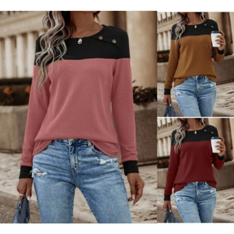 Temperament Commuter Top 2023 Autumn/Winter New Stock Color Matching Round Neck Casual Long Sleeve Round Neck T-shirt