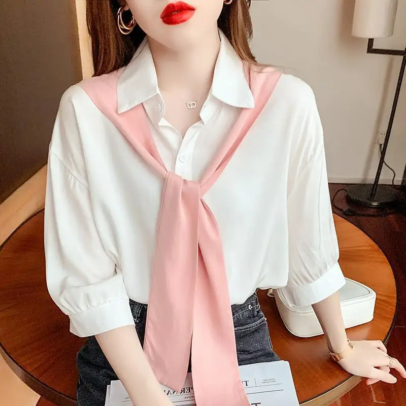 

Spring Summer New Half Sleeve Solid Color Blouse Polo Neck Patchwork Contrast Trend Shirt Tops Sweet Fashion Women Clothing