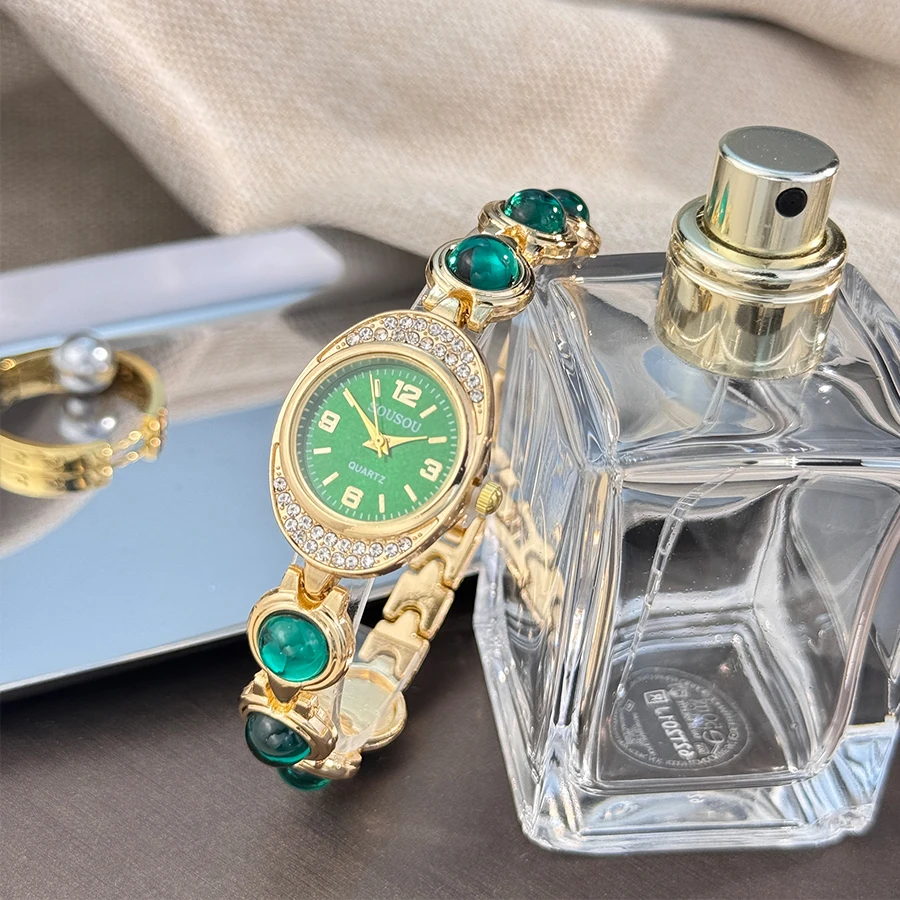 A new oval diamond-encrusted case with a shiny and colorful large bead bracelet unique and beautiful quartz watch for women