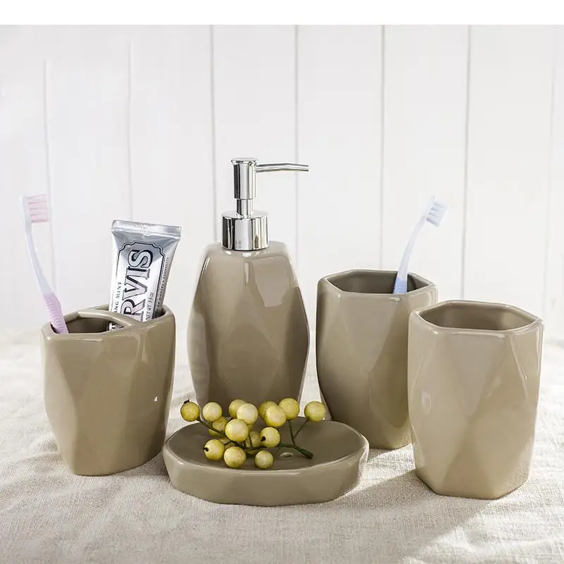 

Ceramic Bathroom Wash Set Five Piece Toiletries Resin Tray Toothbrush Holder Mouthwash Cup Lotion Bottle Soap Dish