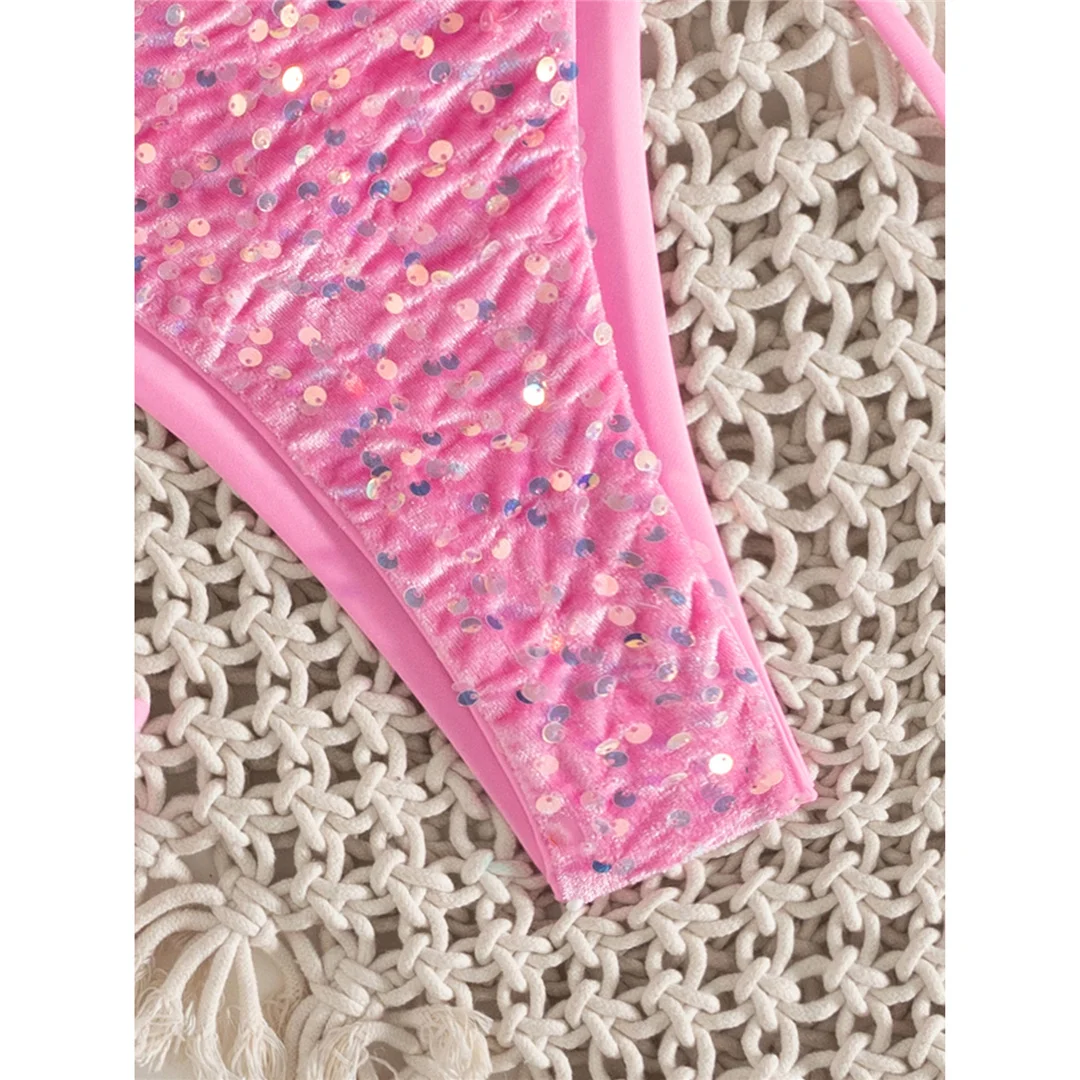 Pailletten-Bikini mit Neckholder, Damen-Badebekleidung, zweiteiliges Bikini-Set, mit Trägern, hoch geschnitten, Badeanzug, Badebekleidung, Modell V8326. – Detail 7