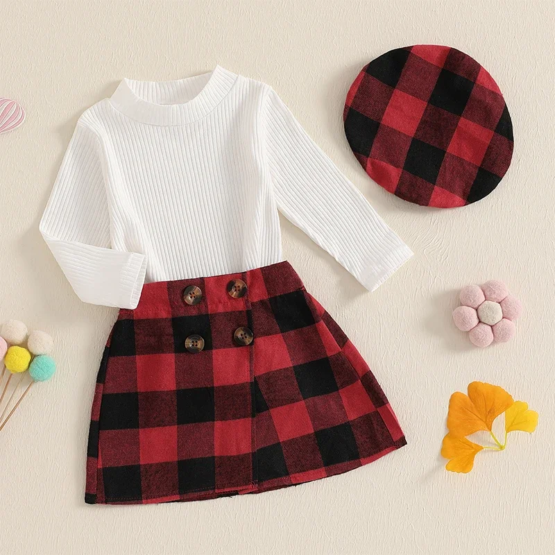 Fashion Kids Girl Christmas Outfits Solid Ribbed Mock Neck Long Sleeve Ribbed Tops Plaid Skirt Beret Hat 3 Pcs Set