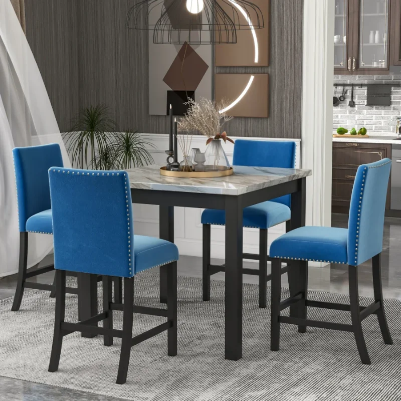 5-piece Counter Height Dining Table Set With One Faux Marble Island Kitchen Table Four Upholstered-Seat Chairs Home Furniture