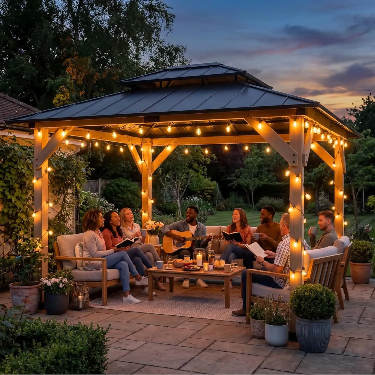 

Cedar Wood Gazebo Double Hardtop Galvanized Steel Heavy Duty Ventilated Patio Shelter 10x12ft, Custom