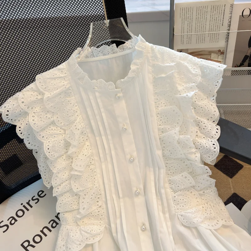 Fashion Flying Sleeve White Shirts Vintage Sleeveless Ruffled Lace Blouse for Woman Woman Elegant Casual Sweet Tops  27709