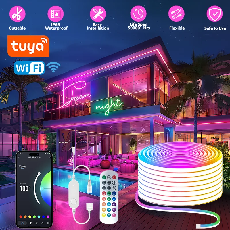 5M Tuya Smart Life WiFi LED Neon Light Strip 24V RGB Neon Sign Dimmable DIY Tape Work With Alexa TV Home Decor Holiday Lighting