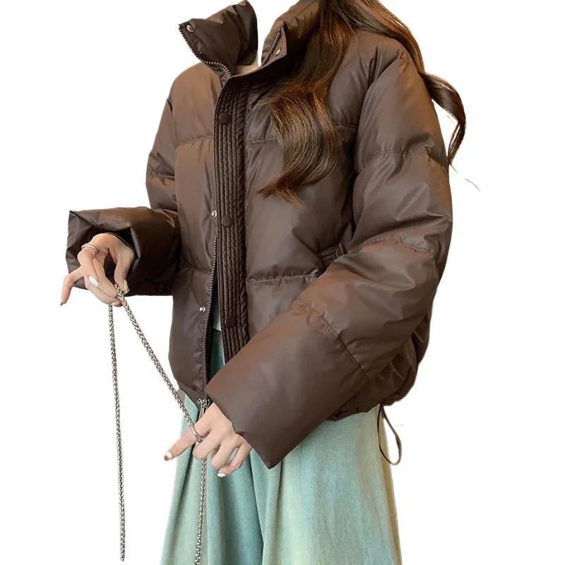 Women Faux Leather Puffer Jacket Stand Collar Cropped Drawstring Warm Winter Cotton Coat Korean Style