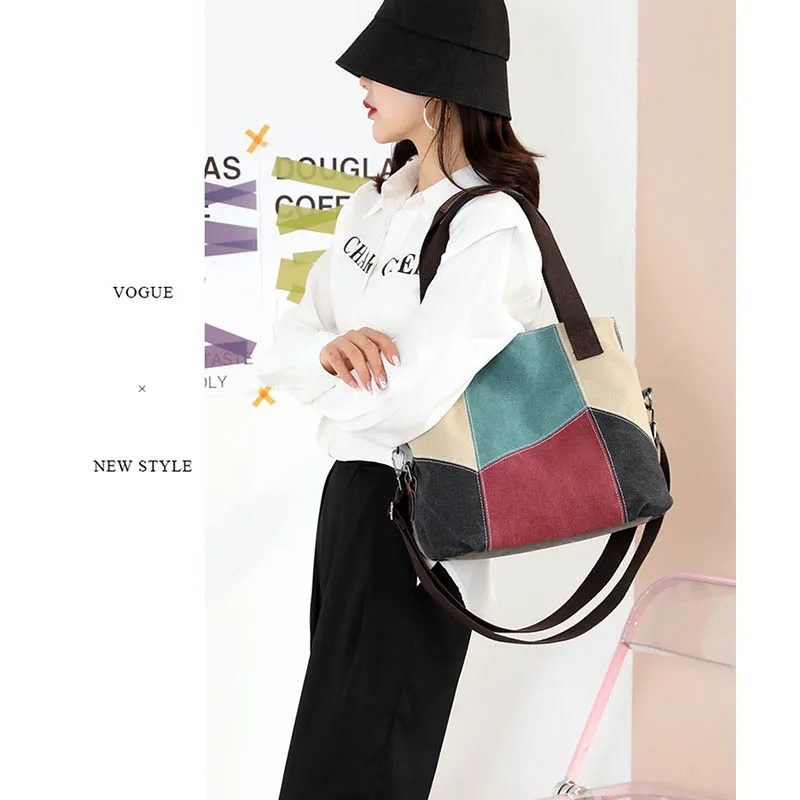 قماش ريترو سعة كبيرة للجنسين المرقعة نمط المرأة Crossbody حقيبة ساعي حقائب رسالة الكتف المتسوق المحفظة #4