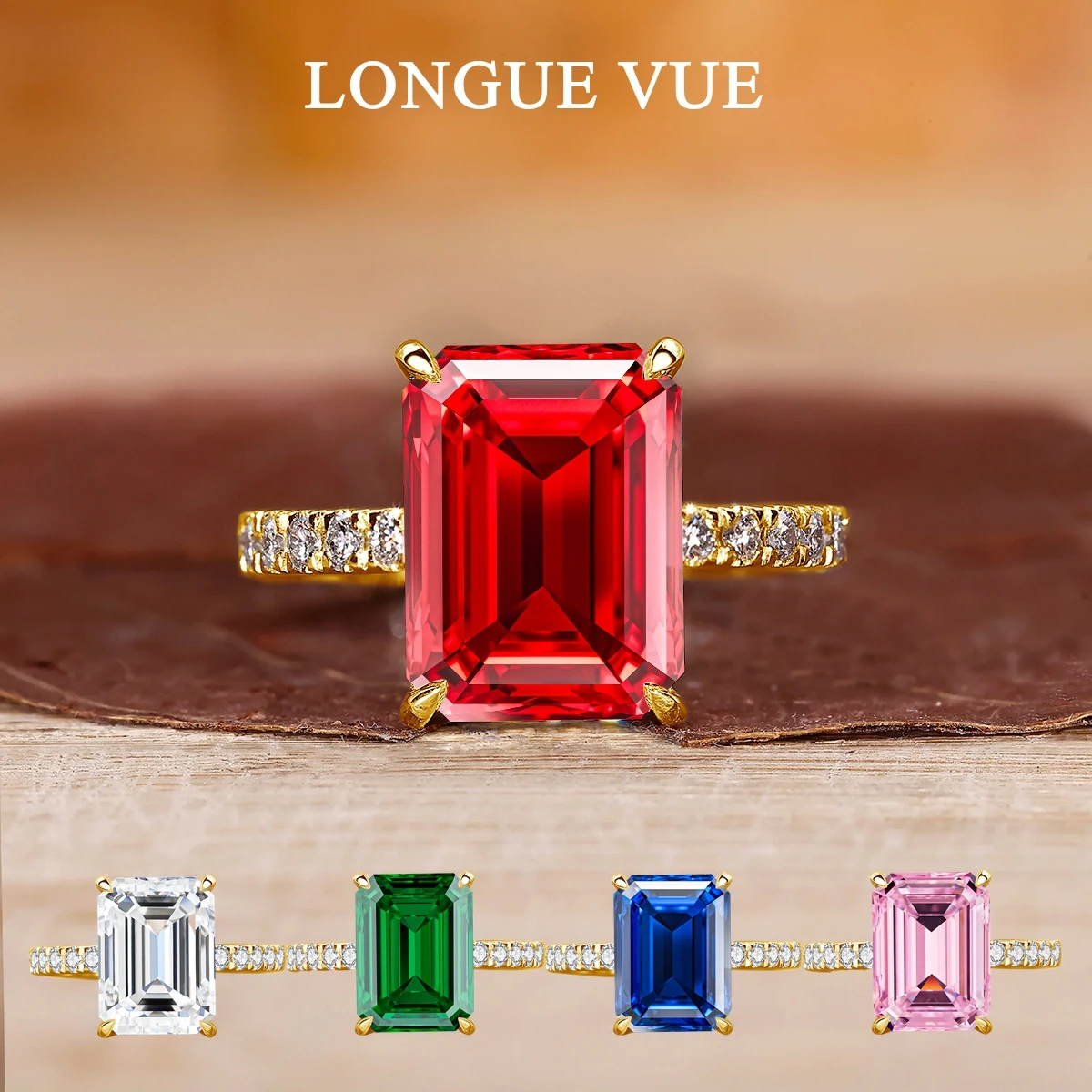 

925 Sterling Silver Emerald Cut Gemstone Wedding Rings for Women Red Corundum Engagement Moissanite Diamonds Ring Jewelry