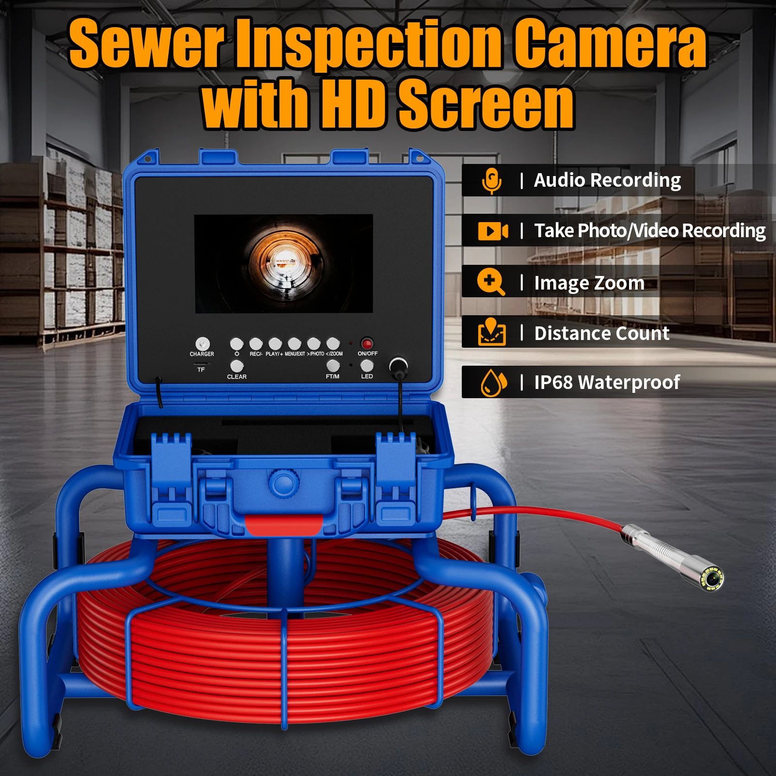 

Sewer Pipe Inspection Camera 512Hz AHD 1080P with 5X Zoom Video Audio Recording Length Measuring 7MM Fiberglass Cable