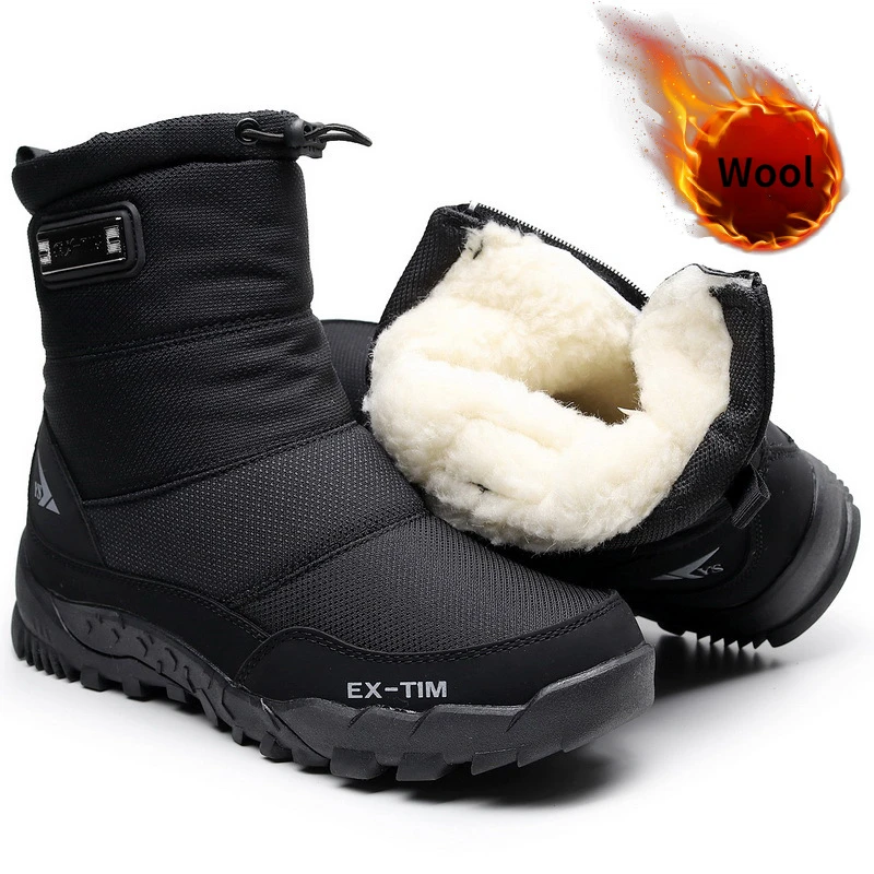 Wool Snow Boots for Men Waterproof Ankle Boots with Fur Winter Shoes Non-slip Women Boot Outdoor Thick Plush Warm Men\'s Boots